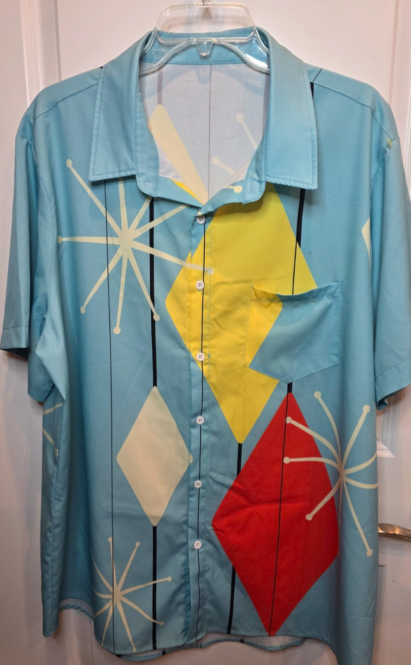 Retro Button-Up Shirt Mens XL Blue Atomic Print Mid Century Rockabilly Bowling